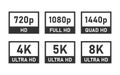 display resolution icons, 4K UHD, 8K, Quad HD, Full HD and HD screen resolution