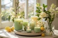 A display of scented candles in spring-inspired fragrances, arranged with botanical elements and soft lighting