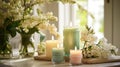 A display of scented candles in spring-inspired fragrances, arranged with botanical elements and soft lighting