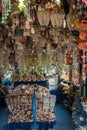 Display of Seashell wind chimes and sea sponge on a souvenir shop Royalty Free Stock Photo