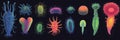 Sequence of bacterial evolution showing diverse forms and colors in a scientific visualization. Generative AI