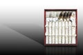 Display of silverware, Silver forks and spoons in box for collection Royalty Free Stock Photo