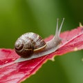 Display Snail crawling on a red leaf, garden wildlife close up Royalty Free Stock Photo