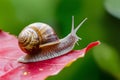 Display Snail crawling on a red leaf, garden wildlife close up Royalty Free Stock Photo