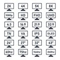 display specifications icons set, monitor display features