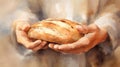 display of spiritual devotion, the Christian person holds out their hand to receive the holy bread, embodying their faith and