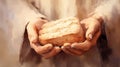 display of spiritual devotion, the Christian person holds out their hand to receive the holy bread, embodying their faith and