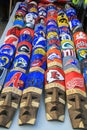 Display of sport teams masks at a street market in Mahahual village, Costa Maya, Mexico Royalty Free Stock Photo