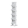 Display stand with shelves vector mockup. Blank white vertical open storage rack mock-up. Brochure, catalogue, magazine holder