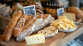 A display of a table with bread, cheese and other food items, AI Royalty Free Stock Photo