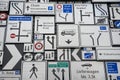 Display of the traffic signs at the exterior wall of the Swiss Museum of Transport in Lucerne, Switzerland.