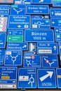 Display of the traffic signs at the exterior wall of the Swiss Museum of Transport in Lucerne, Switzerland.