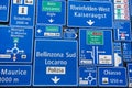 Display of the traffic signs at the exterior wall of the Swiss Museum of Transport in Lucerne, Switzerland.