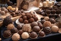 display of truffles in assortment of shapes and sizes, surrounded by ribbons