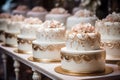 Display of udentical white and golden wedding cakes at wedding fair or pastry shop