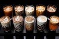 display of a variety of coffee latte art