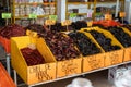 Display of a variety Mexican dried chillies on display in a shop, chile de arbol