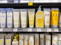 A display of various baby lotions, shampoos and conditioner Royalty Free Stock Photo