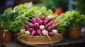 Display of various root vegetables like radishes and turnips in charming baskets