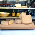 Display of various types of cheese on the kitchen table-