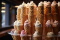 Display of waffle cones, tempting array of sweet confections showcased