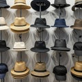 A display wall featuring various hats, including fedoras, trilbies, and caps, arranged on Royalty Free Stock Photo