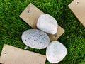 Display of Wood Pathway and Decorative Rocks on Grass