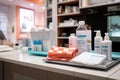 Displayed drugstore products on an empty counter, awaiting health-conscious clientele.