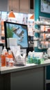 Displayed drugstore products on an empty counter, awaiting health-conscious clientele.