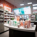 Displayed drugstore products on an empty counter, awaiting health-conscious clientele.