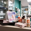 Displayed drugstore products on an empty counter, awaiting health-conscious clientele.