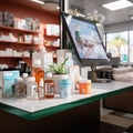 Displayed drugstore products on an empty counter, awaiting health-conscious clientele.