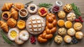 Displayed on a wooden surface includes croissants braided challah fruit Royalty Free Stock Photo