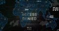 Displaying ACCESS DENIED overlay on cyber interface map grid, with hex clusters and warning icons Royalty Free Stock Photo