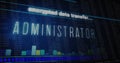Displaying ADMINISTRATOR overlay on monitor, showing data transfer status, bar charts, code logs Royalty Free Stock Photo
