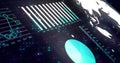 Displaying analytics UI on glossy panel, showing JanÃ¢â¬âDec bars, teal pie, partial globe, particles Royalty Free Stock Photo