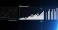 Displaying area chart panel peaks on interface, with three data panels and glowing network nodes Royalty Free Stock Photo