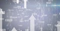 Displaying ascending white arrow rising at data interface with floating numbers and network lines Royalty Free Stock Photo