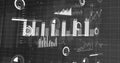 Displaying bar charts, line graphs, triangular area plot on dark grid backdrop with circular gauges Royalty Free Stock Photo