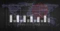 Displaying bar line chart over world map with grid, numeric labels, red circle at control interface Royalty Free Stock Photo