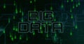 Displaying BIG DATA text over dark grid, with green binary digits cascading and turquoise lines Royalty Free Stock Photo
