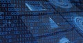Displaying binary digits cascading across digital interface, with circuit traces and data vortex Royalty Free Stock Photo