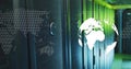 Displaying black server cabinets in data center, featuring digital globe and world map overlay Royalty Free Stock Photo