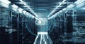 Displaying blue circular overlay with cloud lock icon in data center corridor with server racks Royalty Free Stock Photo