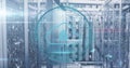 Displaying blue cloud security overlay with padlock hovering over datacenter aisle, with racks Royalty Free Stock Photo