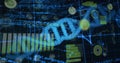 Displaying blue 3D DNA helix with glowing base pair nodes across virtual dashboard, with charts Royalty Free Stock Photo
