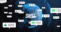 Displaying blue mesh globe centered in dark tech network, with SWEET text and floating social icons Royalty Free Stock Photo