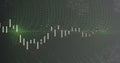 Displaying candlestick chart featuring red trend line on screen, with binary digits and hex grid Royalty Free Stock Photo