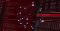 Displaying central 3D network graph glowing on red virtual encryption panel, with code and hex dump Royalty Free Stock Photo
