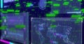 Displaying central digital data screen streaming binary code in tech control hub, showing world map Royalty Free Stock Photo